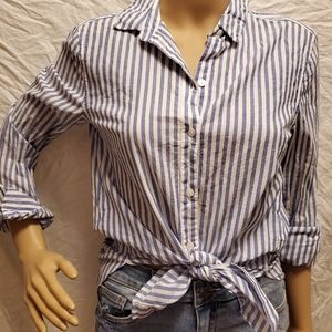White and blue stripe button down top